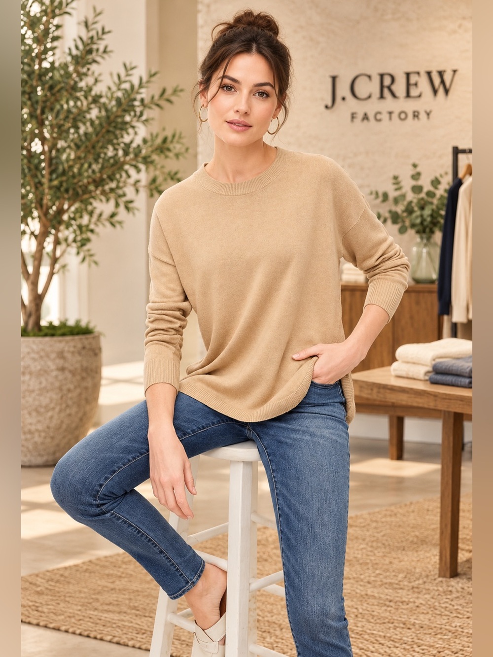 J.Crew Factory Linen Blend Curved Hem Sweater Light Khaki Size M